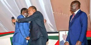 Azimio leader Raila Odinga (Left) Former President Uhuru kenyatta (Centre) and President William Ruto(Right) at a past event. 