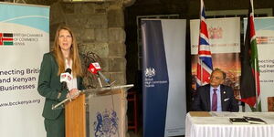 UK High Commissioner to Kenya Jane Marriot (left) gives an address during the signing of UK-Kenya patnership agreement.