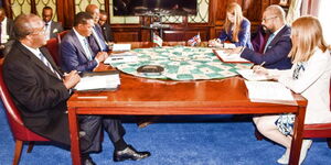 Foreign Affairs CS Alfred Mutua (centre) holds a bilateral meeting with the United Kingdom’s James Cleverly and UK Ambassador to Kenya Jane Marriott in London on March 15, 2023.