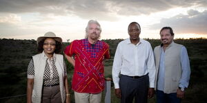 UK Billionaire Richard Branson (second left), President Uhuru Kenyatta (second right) and guests at Mahali Mzuri in Masai Mara.
