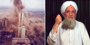 A collage image of the 1998 Nairobi Bomb attack (left) and Al-Qaeda leader, Ayman al-Zawahiri (right).