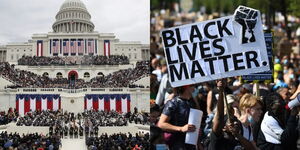Photo collage between Washington DC Swearing in Square and Protestors during the Black Lives Matter Demos