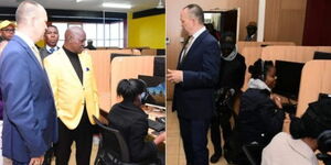 A collage image of Nyeri Governor Mutahi Kahiga touring the ONQ offices on August 4, 2022.