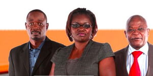 Former "Cheche" show host Uduak Amimo with her co-hosts David Makali (L) and Mutegi Njau (R)