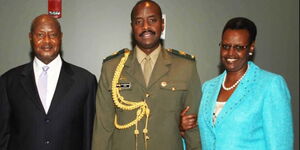 Uganda President Yoweri Museveni, his son Muhoozi Kainerugaba and mother Janet Kataha.