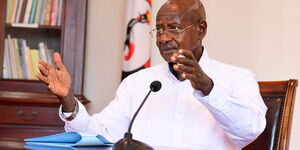 Ugandan President Yoweri Museveni addressing the press on measures to handle Covid-19 on Saturday, March 21.