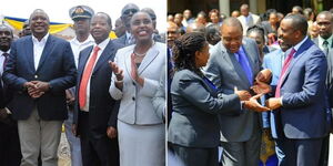 A collage image of President Uhuru with Caroline Karagu (left) and engaging in a conversation with Dennis Waweru at a past event (right).