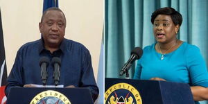 Photo collage between former President Uhuru Kenyatta and State House Spokesperson Kanze Dena.