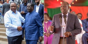 A photo collage of former President William Ruto and former Prime Minister Raila Odinga at an Azimio meeting in July 2022 (left) and President William Ruto speaking at a church event in Kirinyaga county on January 22, 2023.