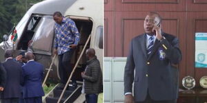 Photo collage of former President Uhuru Kenyatta alighting from a military chopper and making a phone call