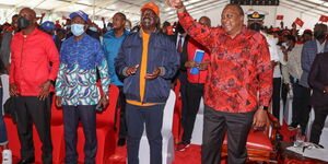 Right to left: Former president Uhuru Kenyatta, Raila Odinga (ODM), Kalonzo Musyoka (Wiper) and Gideon Moi (KANU) at the Jubilee Party National Delegates Convention (NDC) on February 26, 2022