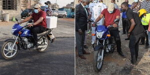 President Uhuru Kenyatta ride a motorcycle at the Nairobi Metropolitan Services (NMS) asphalt blending plant on Kangundo Road on Friday, October 9, 2020.