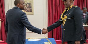 President Uhuru Kenyatta during the swearing-in ceremony of Police IG Hillary Mutyambai at State House in 2019