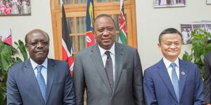 From left: Dr Mukhisa Kituyi, Secretary-General of the United Nations Conference on Trade and Development, President Uhuru Kenyatta and Chinese Billionaire Jack Ma at State House in July 2017