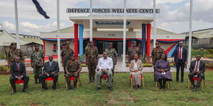 President Uhuru Kenyatta, Defence CS Monica Juma and military generals at the KDF Wellness Centre