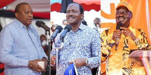 President Uhuru Kenyatta (left), Wiper leader Kalonzo Musyoka (centre) and ODM leader Raila Odinga (left) at Jubilee NDC at KICC on Saturday, February 26, 2022