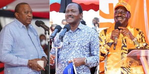 President Uhuru Kenyatta (left), Wiper leader Kalonzo Musyoka (centre) and ODM leader Raila Odinga (left) at Jubilee NDC at KICC on Saturday, February 26, 2022