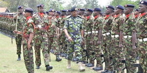 An image of President Uhuru Kenyatta Inspecting a parade during the 3rd Anniversary of KDF Day at Lanet Barracks on 14 October 2014.