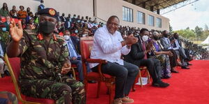 From left: KDF CDF General Robert Kibochi, President Uhuru and Defence CS Eugene Wamalwa at the ultra-modern Ulinzi Sports Complex at Langata Garrison in Nairobi County on Wednesday, April 13, 2022