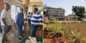 Former President Uhuru Kenyatta alongside Siaya governor James Orengo and staff at the Little Gem Resort (left) and a section of buildings at the resort in Siaya County (right).