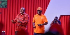 President Uhuru Kenyatta and ODM leader Raila Odinga during the ODM NDC at Kasarani, in Nairobi on February 26, 2022. 