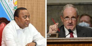 President Uhuru Kenyatta attends a video conference meeting at State House, on May 12, 2020, and Idaho Senator James Risch at Capitol Hill, Washington on September 24, 2020