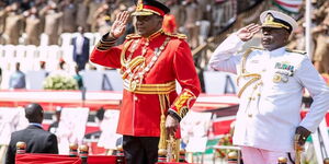 President Uhuru Kenyatta with Chief of Defence Forces General Samson Mwathethe at Nyayo National Stadium on Jamhuri Day, December 12, 2018