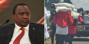 Former President Uhuru Kenyatta at a past event (left) and goons carrying sheep from the Northlands farm on March 27, 2023.