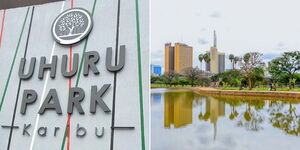 A collage image of Uhuru park signage (left) and a section of the refurbished park (right).