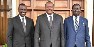 Deputy President William Ruto, President Uhuru Kenyatta and AU Infrastructure envoy Raila Odinga in Karen on November 2, 2018.