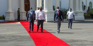 President Uhuru Kenyatta with Defence Cabinet Secretary Eugene Wamalwa and Governor Wycliffe Oparanya (Kakamega) who paid him a courtesy visit at State House, Nairobi on Tuesday, January 25, 2022