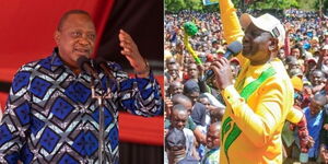 A collage image of President Uhuru Kenyatta and Deputy President William Ruto speaking at separate events.