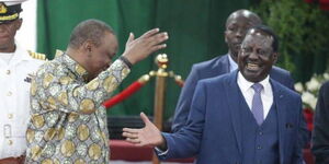 President Uhuru Kenyatta (left) greets Orange Democratic Movement leader Raila Odinga (right) during the BBI launch at Bomas of Kenya on Wednesday, November 27, 2019