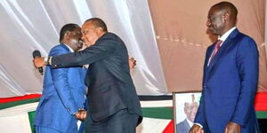 A file photo of President William Ruto(right), Former President Uhuru Kenyatta(middle) and Azimio la UMoja Coalition leader Raila Odinga(left)