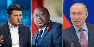 Photo collage between  Ukrainian President Volodymyr Zelenskyy, President Uhuru Kenyatta and Russian President Vladimir Putin