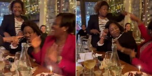 A photo collage of Homa Bay Governor Gladys Wanga and her Machakos counterpart Wavinya Ndeti rapping as Mama Ida Odinga watches.