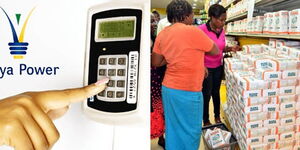 A photo collage of Kenya Power token meter (left) and Kenyans buying maize flour at local supermarket.