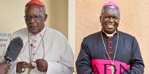 A side by side photo of former Nairobi Arch-bishop Cardinal John Njue (L) and newly-elected arch-bishop Philip Anyolo (R)
