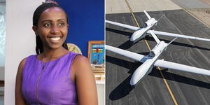 A collage image of Anne Nderitu and a file image of a fixed-wing drone aircraft