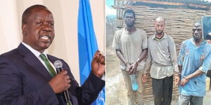A side by side photo of Interior CS Fred Matiang'i and three escapees who were found in Kitui County