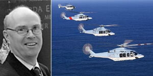 Everett Aviation founder Simon Everett (left) and some of the choppers his company owns.