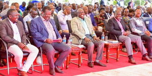 Kericho Senator Aaron Cheruiyot (far left), Prime Cabinet Secretary Musalia Mudavadi (left), Deputy President Rigathi Gachagua (centre), President William Ruto (right) and National Assembly Speaker Moses Wetangula (far right) during the Bomet Thanksgiving Service in Bomet on January 15, 2022.