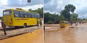 A collage of school bus that drowned in Enziu River in Kitui County.
