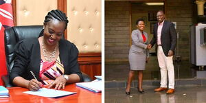 Environment and Forestry Cabinet Secretary Soipan Tuya (left) and President William Ruto with nominated Senator Esther Okenyuri. 