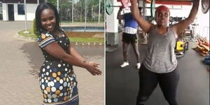 KTN News anchor Linda Oguttu (left) and her lifting weights in the gym (right).