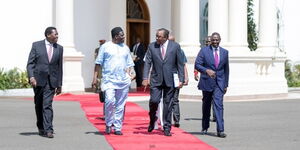 From left: Devolution Cabinet Secretary Eugine Wamalwa, Kakamega Governor Wycliffe Oparanya, President Uhuru Kenyatta and Deputy President William Ruto during the 8th annual National and County Government Summit at State House Nairobi on Friday, February 21, 2020.