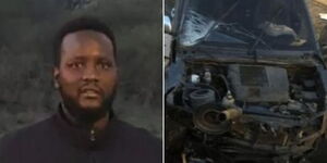 A side by side photo of Inspector General of Police Hillary Mutyambai's son David Mwendwa and his written off vehicle.