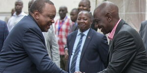 President Uhuru Kenyatta greets his deputy William Ruto as the two joined Christians for a church service at Africa Inland Church (AIC) Milimani, Nairobi County on Sunday, January 26, 2020