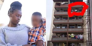 A side by side photo of Felishia Nungari and her son Jason and the fifth floor of a building.