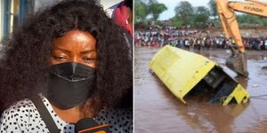 Mwingi bus tragedy survivor Juliet Mutua (Left) and school bus that plunged into Enziu river being retrieved.